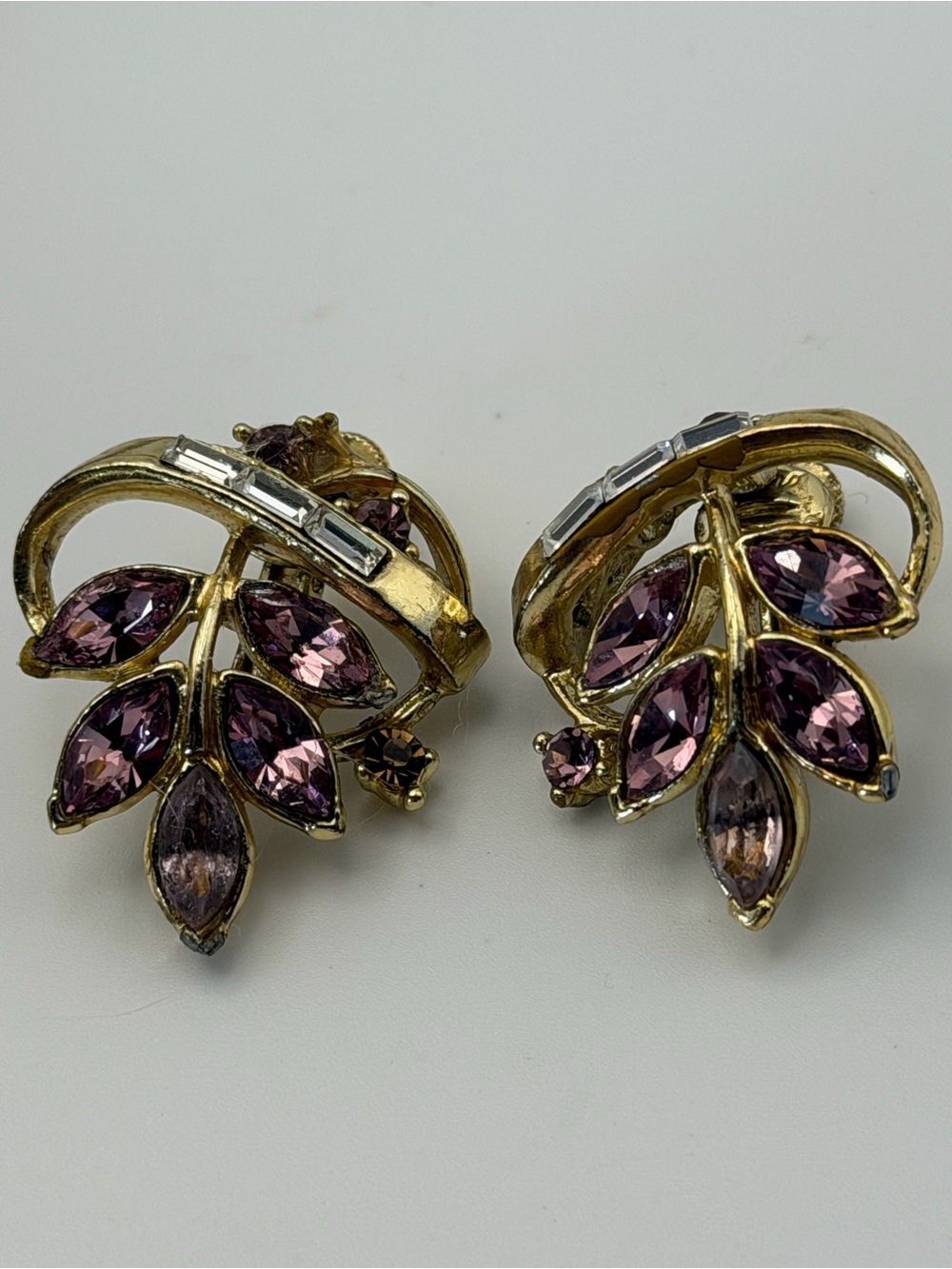 Coro Pat Pending Gold-Tone Light Amethyst Marquise Leaf Screw Back Earrings